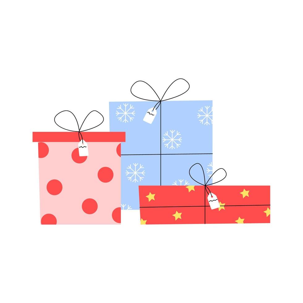 Set of gifts for with labels Christmas, New Years and Birthday cards, typography poster, label, brochure, flyer, page, banner. Vector illustration in flat style isolated on a white background.