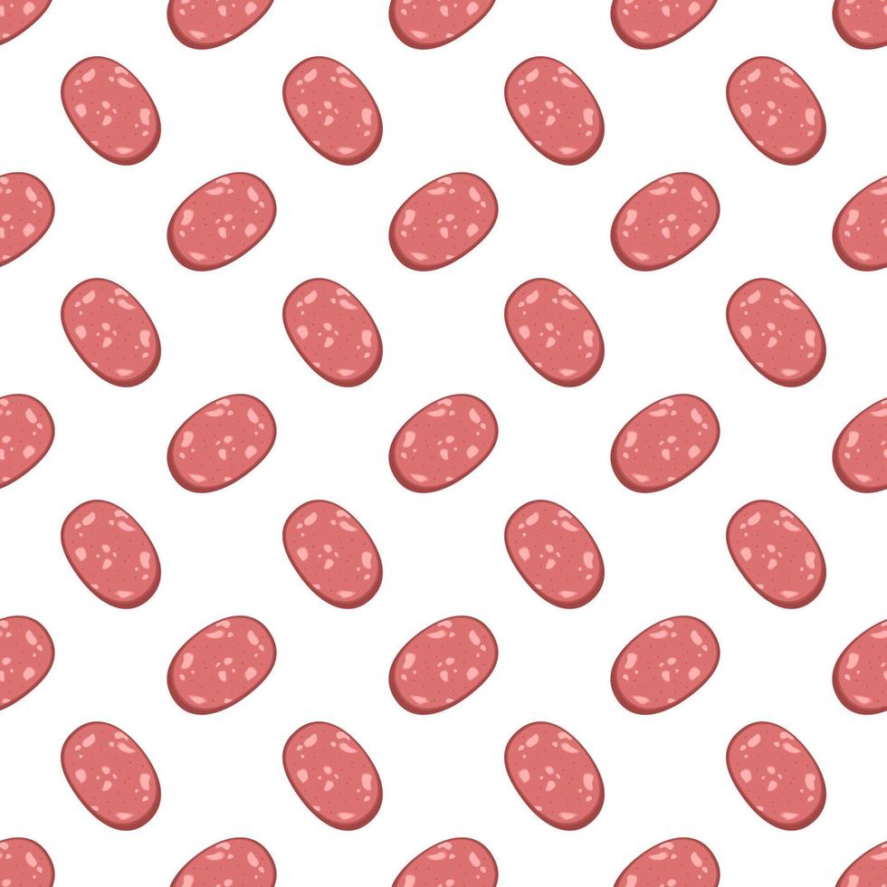Seamless pattern with pink meat sausage with layers of white fat. print of breakfast food or cold cuts. Vector flat illustration