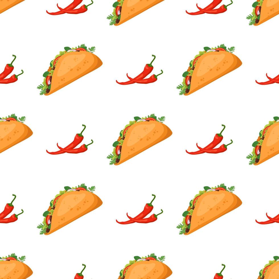 Seamless pattern with Mexican traditional taco food and hot peppers. Fast food print for restaurant, cafe and design on white background. Vector flat illustration