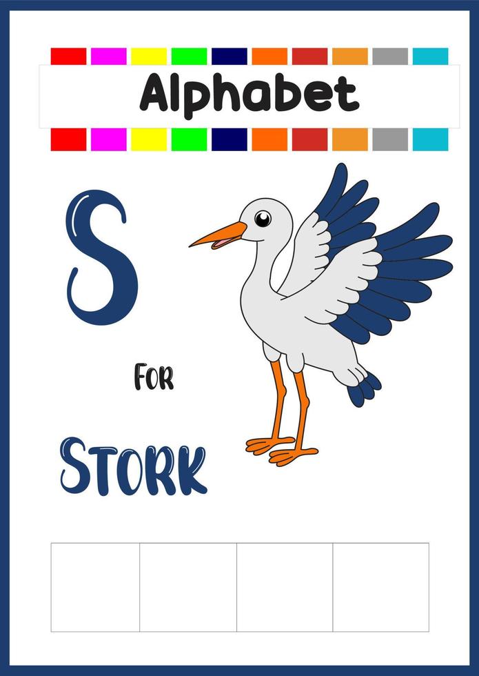 alphabet letter s is for stork. for kids. vector