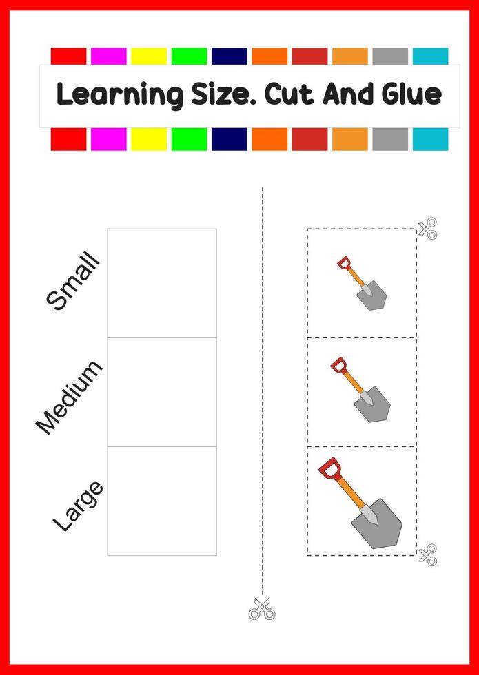 learning size for kids. sort picture by size.shovel worksheet vector