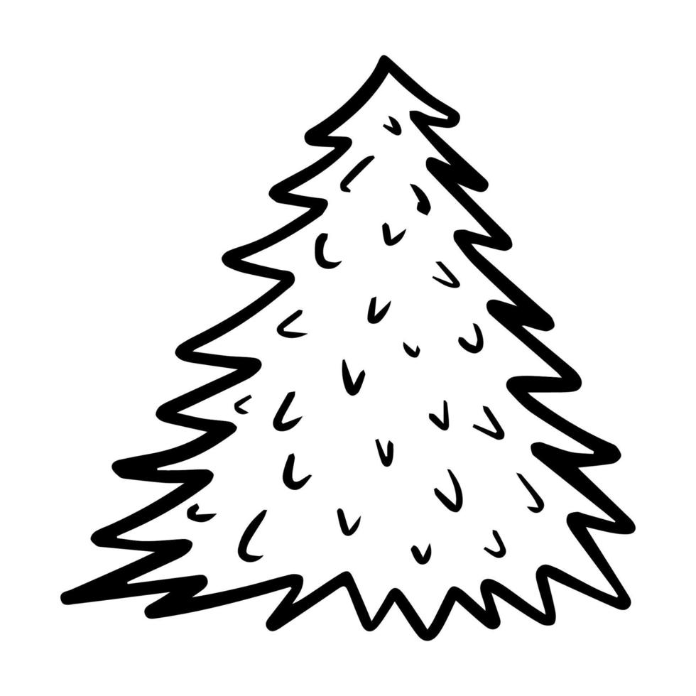 vector dibujado a mano árbol de Navidad aislado en el icono de fondo blanco. divertido ejemplo abstracto del vintage del garabato para el diseño estacional, textil, decoración para la tarjeta de felicitación. línea de arte año nuevo abeto.