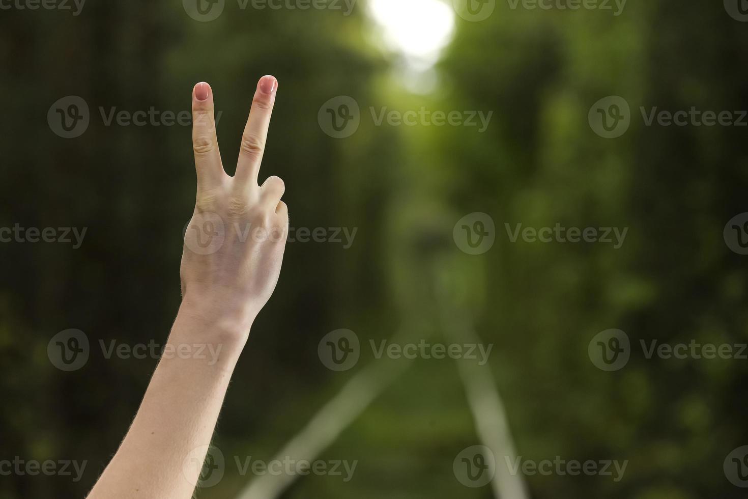 mano con dos dedos hacia arriba en la paz o signo de símbolo de paz o victoria sobre fondo natural. mujer muestra el número dos con dos dedos. foto