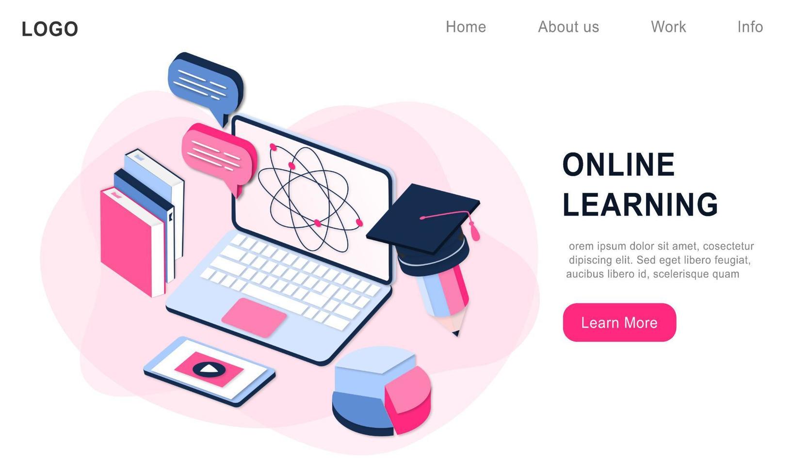 Modern 3d realistic isometric concept of Online Education for banner and website. Landing page template vector illustration of online learning, training course, university studies, e-learning research