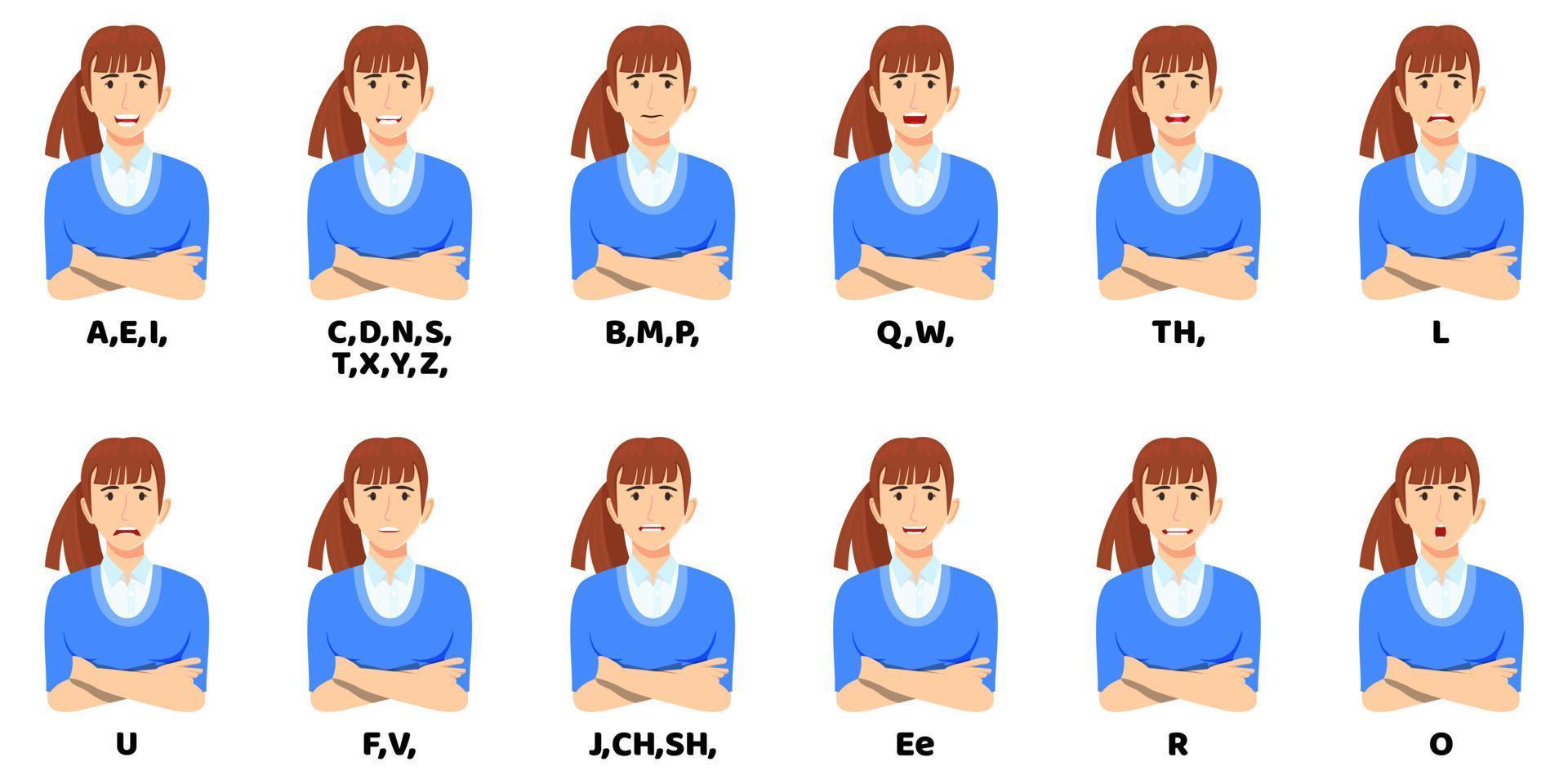 Cute businesswoman cartoon character talking mouth and lips expressions vector animations poses mouth talk animation movement practice English say disassembled separated letter