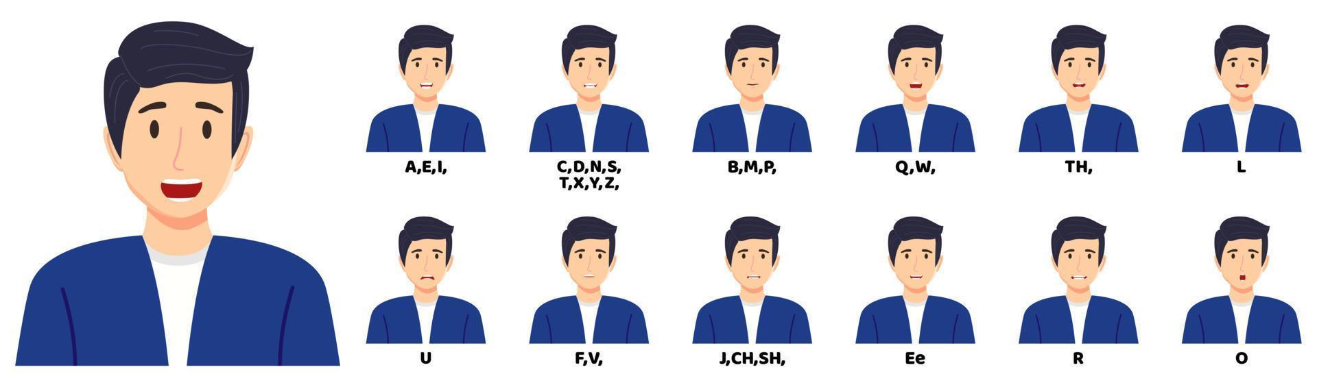 Beautiful cute businessman cartoon character talking mouth and lips expressions vector animations poses mouth talk animation movement practice English say disassembled separated letter