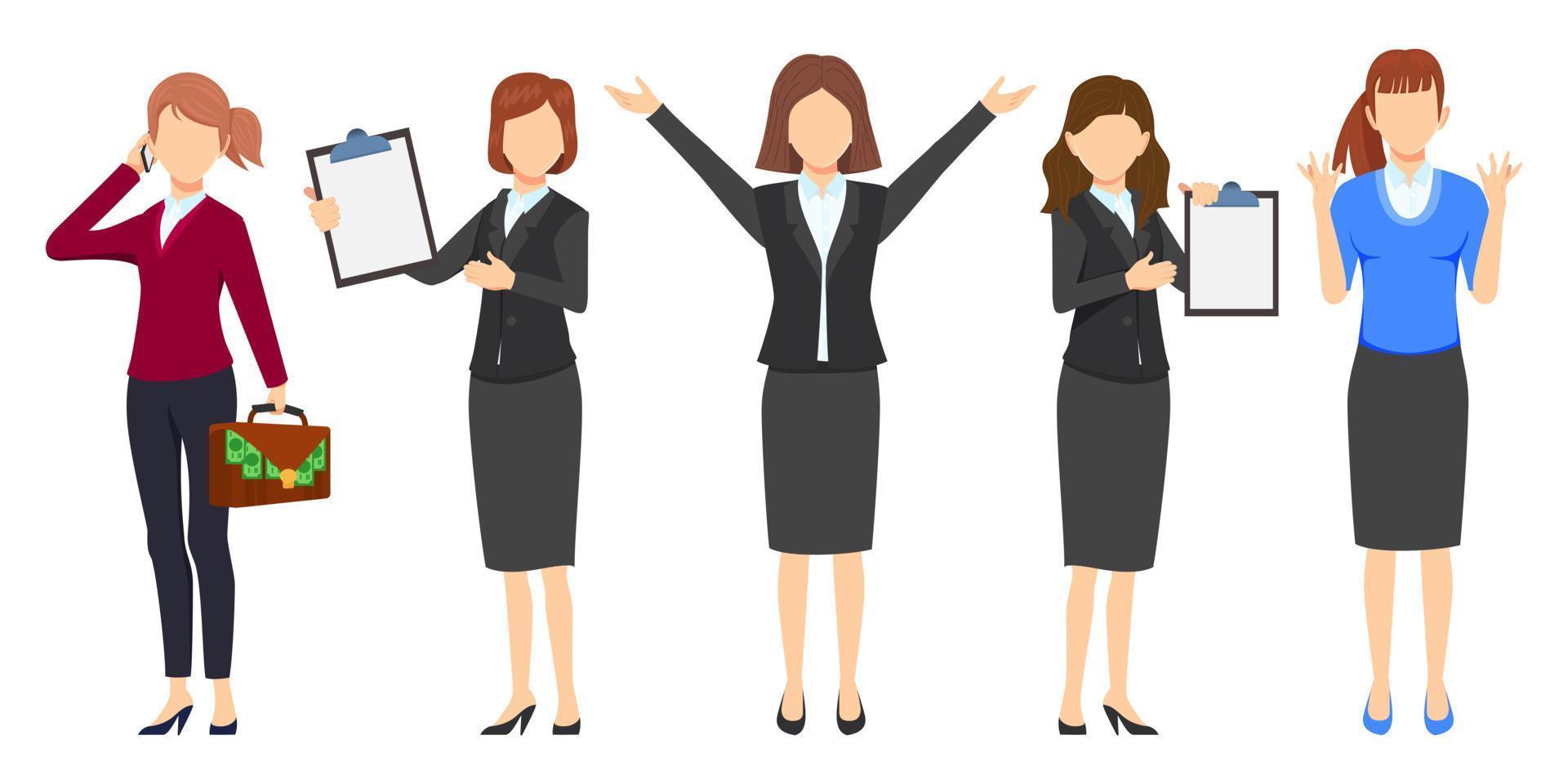 Businesswoman face less character set team standing together and posing isolated holding bag with money and clipboard and waving vector