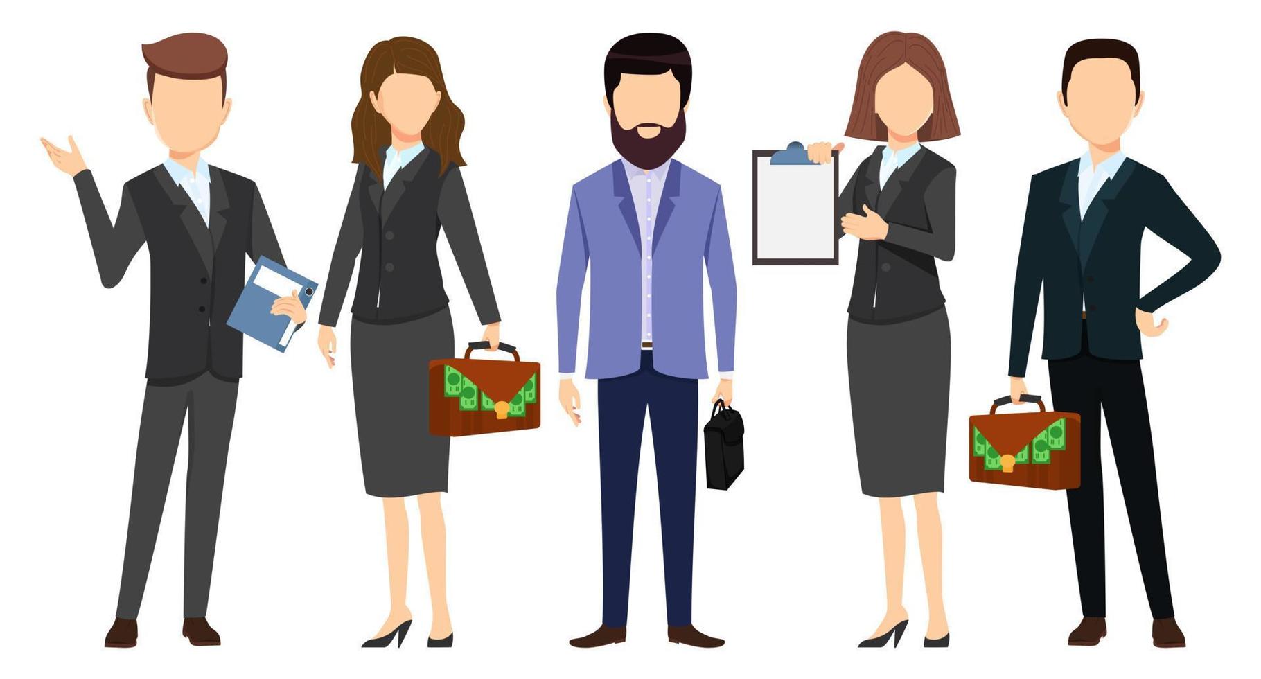 Business man and woman face less character set team standing together and posing isolated on white background holing bag clipboard files folder vector