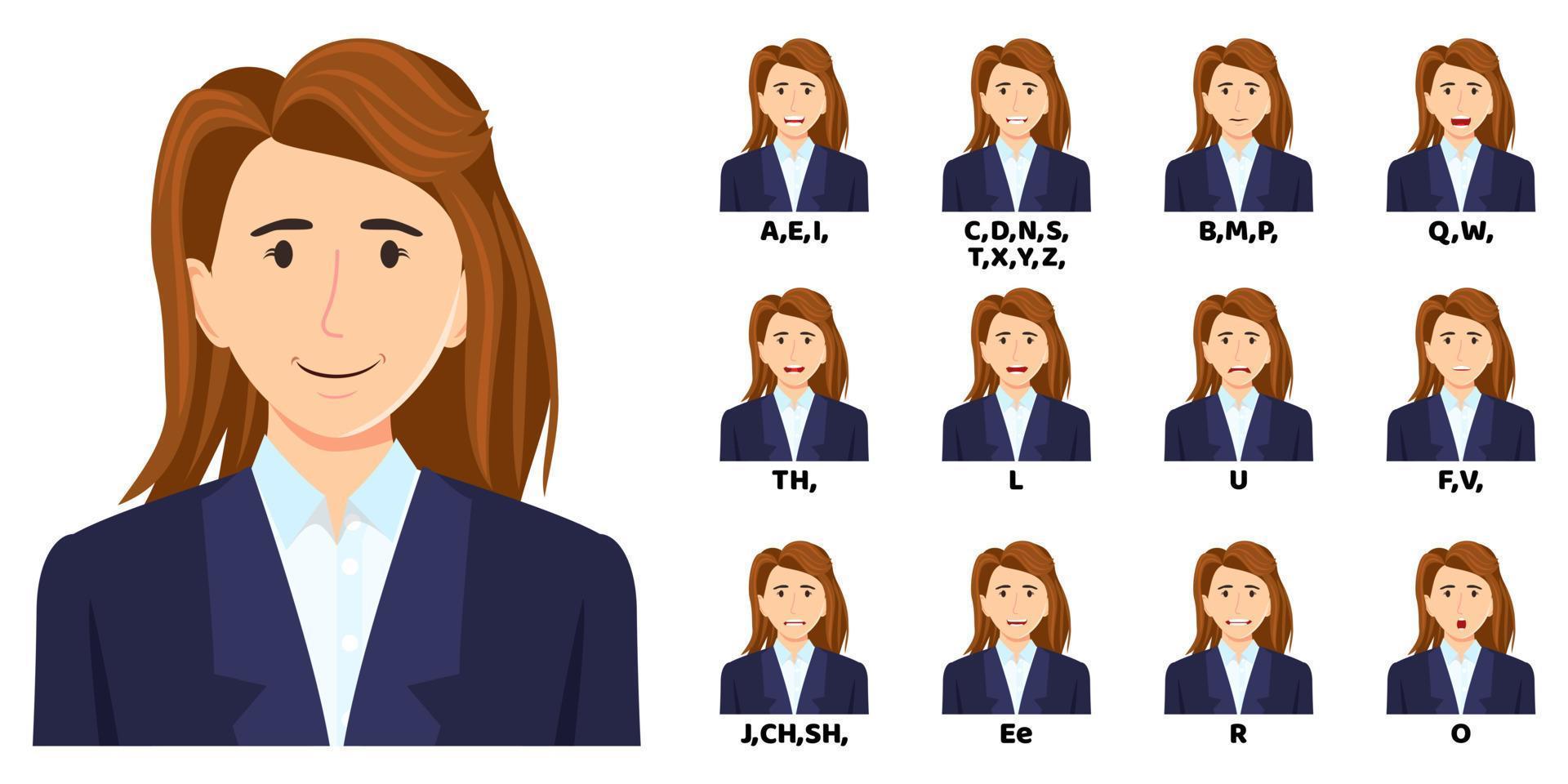 Businesswoman cartoon character talking mouth and lips expressions vector animations poses mouth talk animation movement practice English say disassembled separated letter