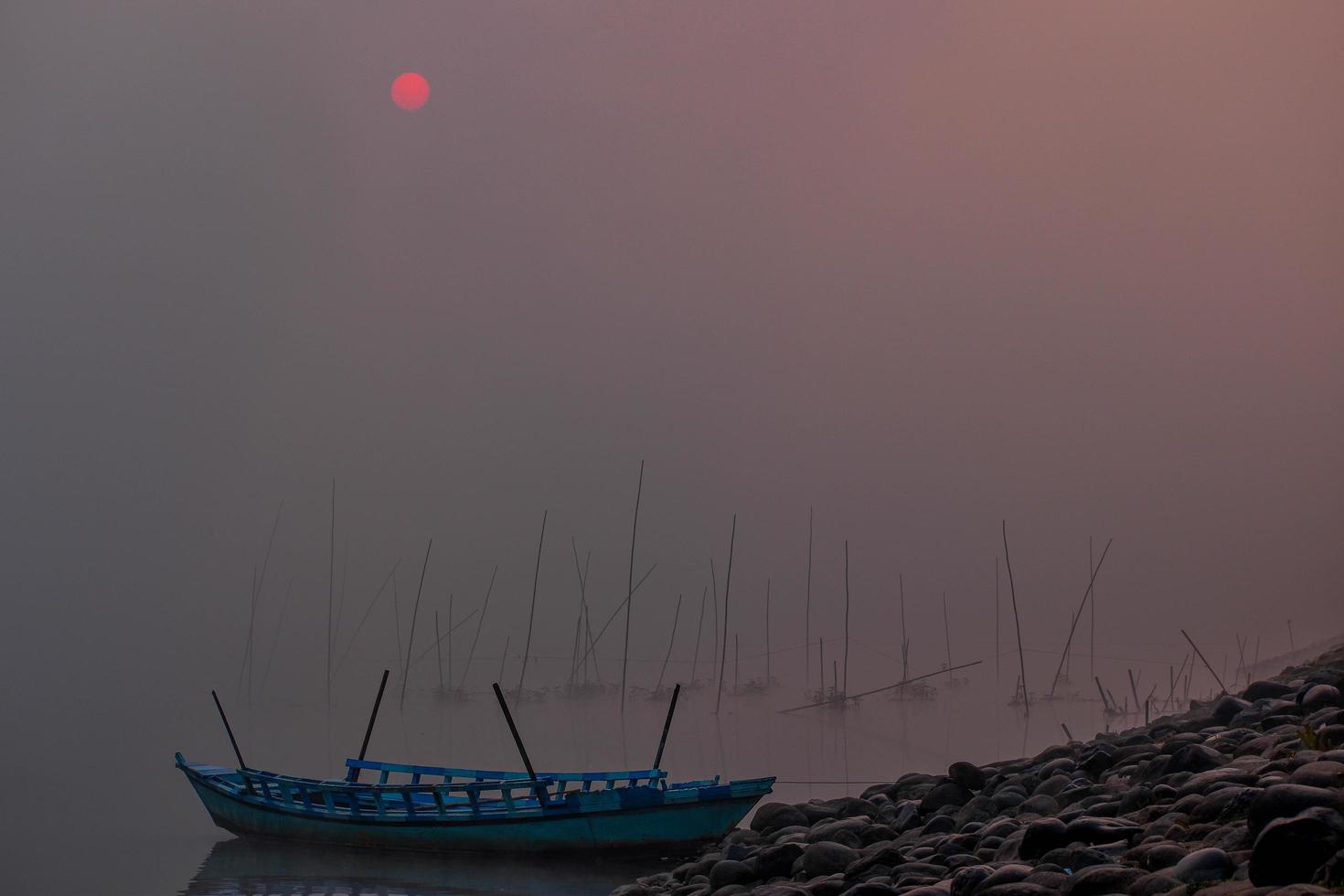 winter morning boat on river photo