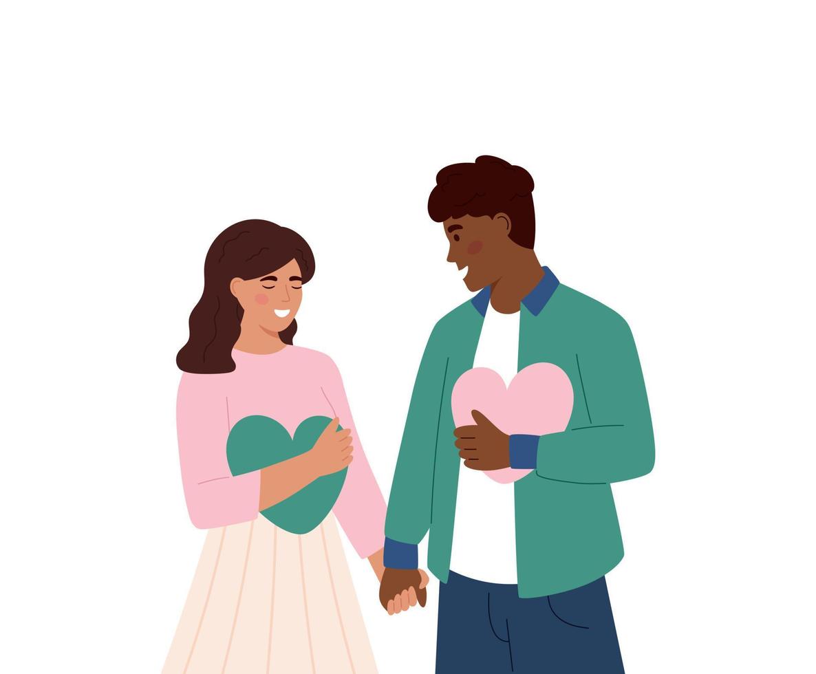 linda diversidad pareja cogidos de la mano. Feliz día de San Valentín. pareja enamorada. hombre y mujer abrazando corazones. dia de la pareja. bandera. aislado sobre fondo blanco. vector