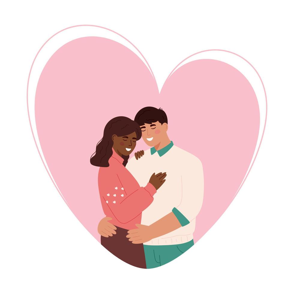 linda diversidad pareja abrazándose. Feliz día de San Valentín. pareja enamorada. hombre y mujer abrazándose cariñosamente. amorosa pareja abrazándose. bandera. aislado sobre fondo blanco. vector