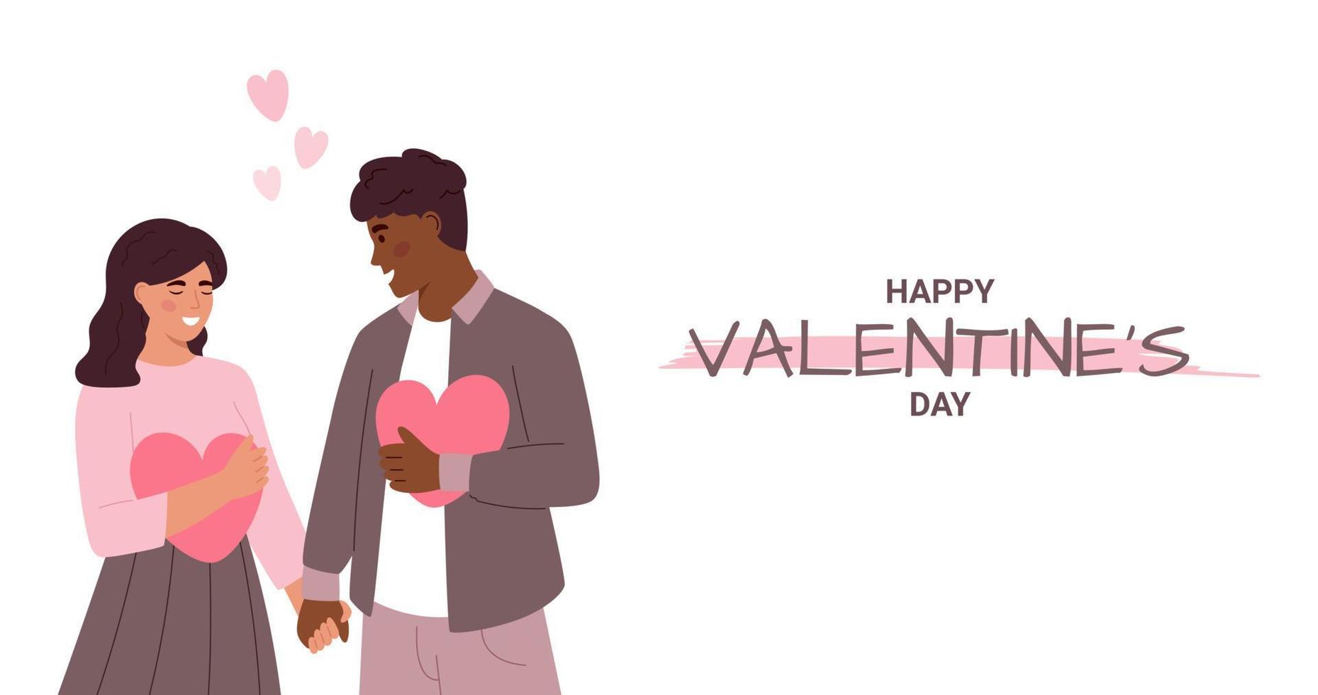 Cute diversity couple holding hands. Happy Valentine's Day. Couple in love. Man and woman embracing hearts. Couple's day. Banner. Isolated on white background. vector