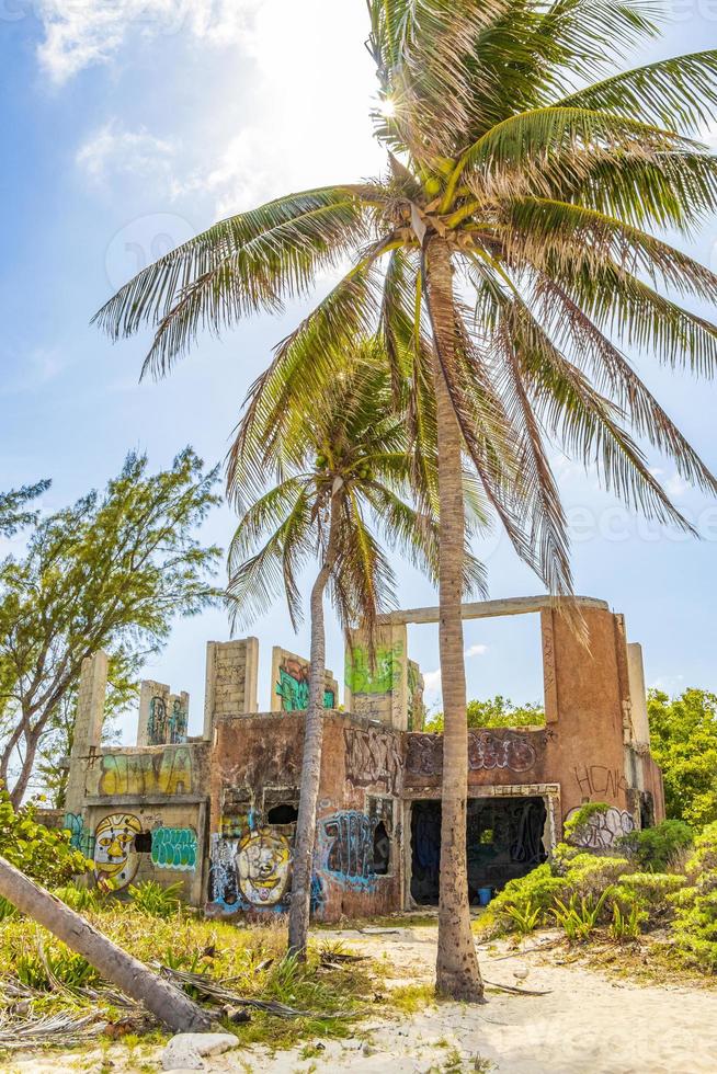 Tropical palm trees with blue sky Playa del Carmen Mexico. photo