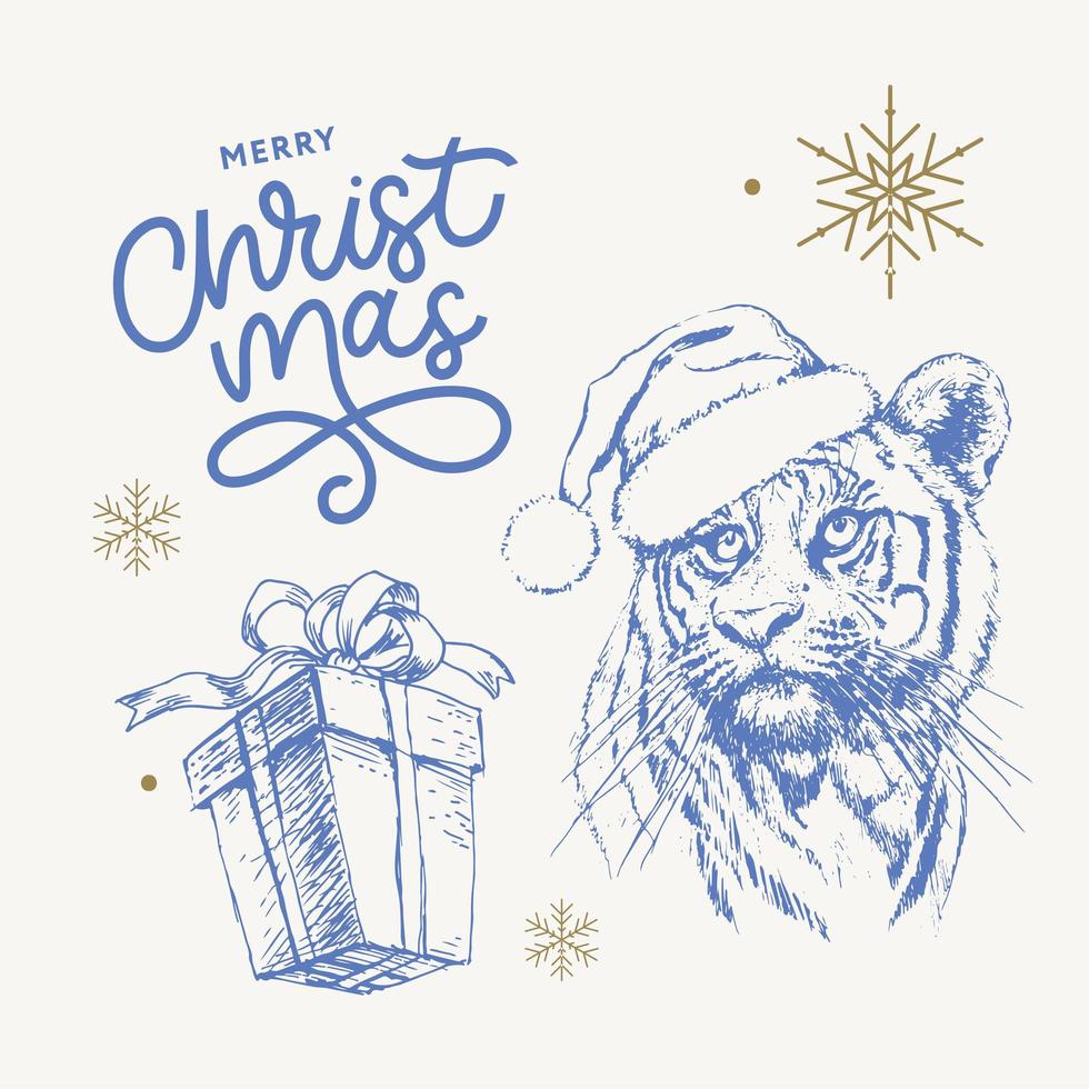 tigre con sombrero de navidad. imprimir en una postal o póster. ilustración vectorial. tarjeta de vacaciones. año nuevo y navidad. Papá Noel. vector