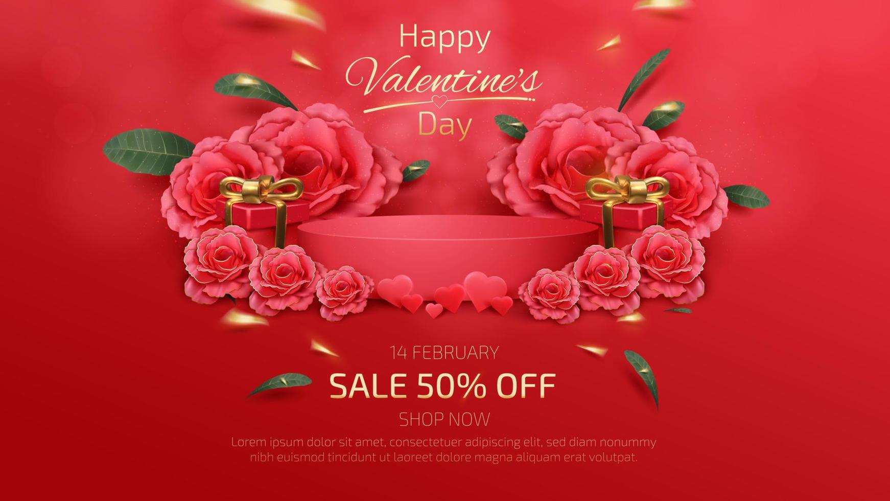 podio rojo y elementos de rosas realistas, caja de regalo, cinta dorada, hoja verde, fondo del día de San Valentín, estilo de lujo 3d. vector