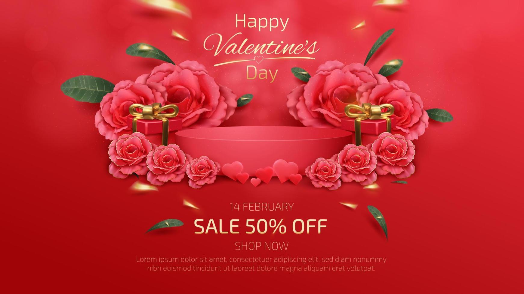 Red podium and realistic rose elements, gift box, golden ribbon, green leaf, Valentine's Day Background, 3d luxury style. vector