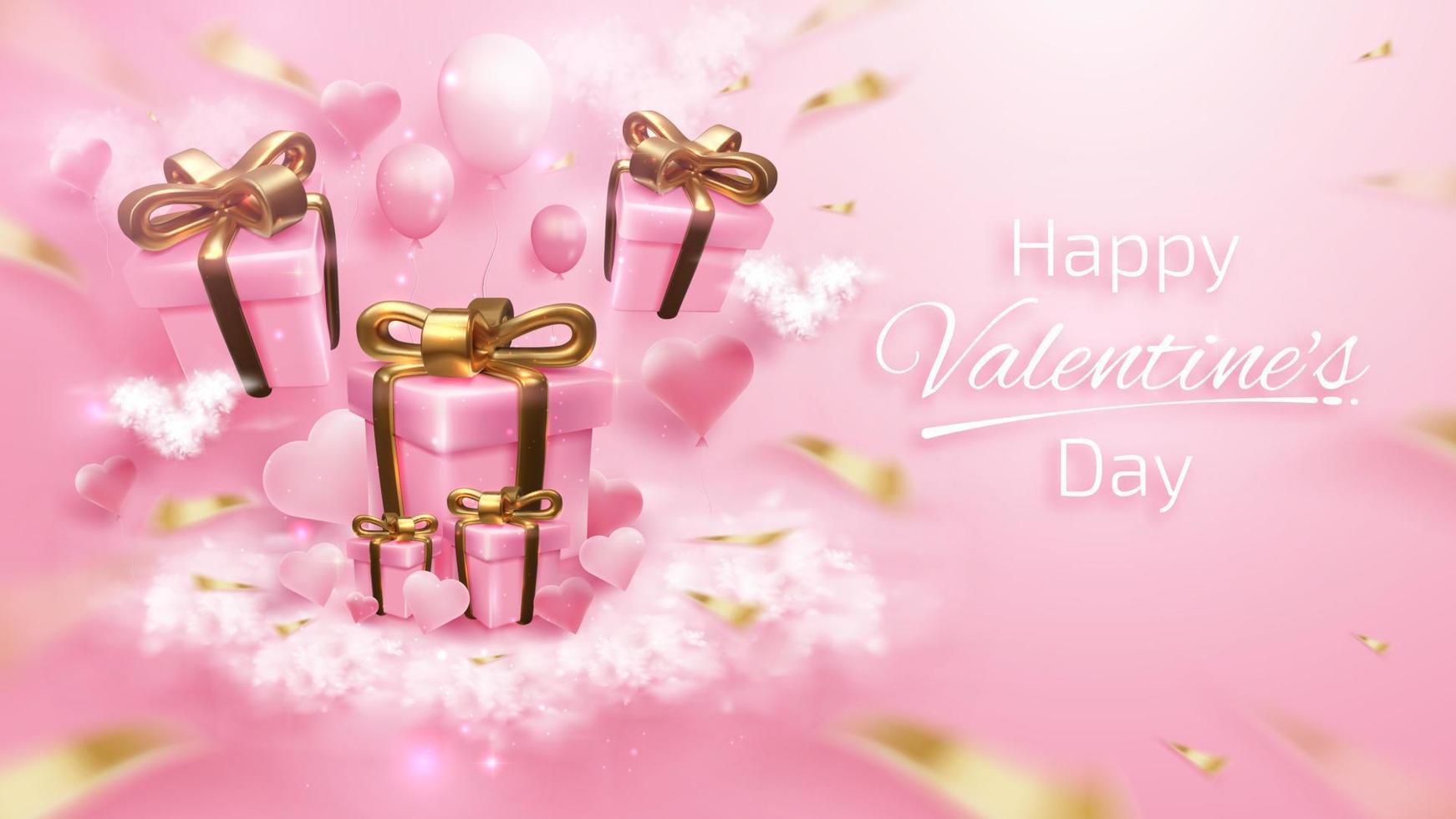 Valentines day background in luxury realistic 3d style with elements balloons, gift box, heart shaped cloud and gold ribbon. Glitter light effect. Vector illustration.