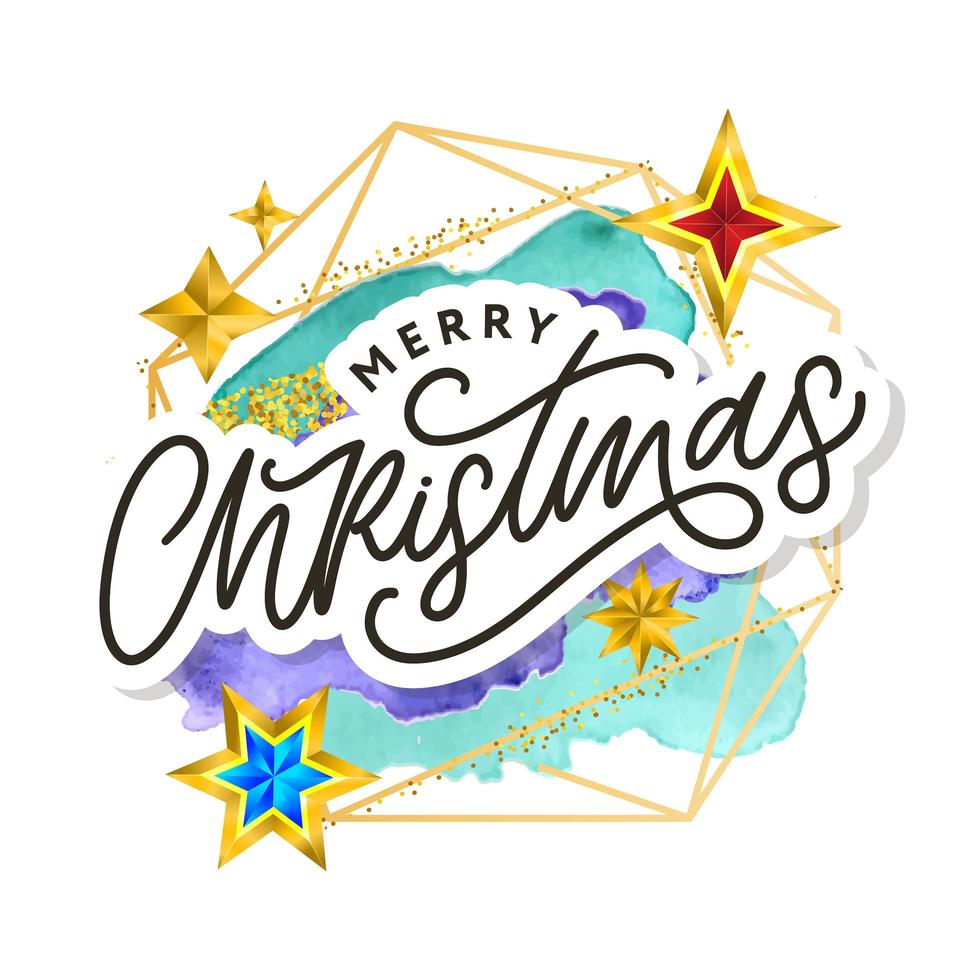 Merry Christmas text decorated with hand drawn lettering with gold stars. Greeting card design element. Vector typography.