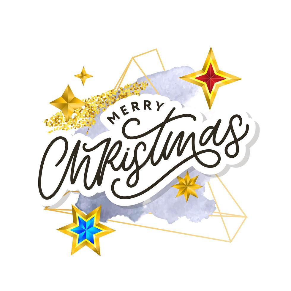 Merry Christmas text decorated with hand drawn lettering with gold stars. Greeting card design element. Vector typography.