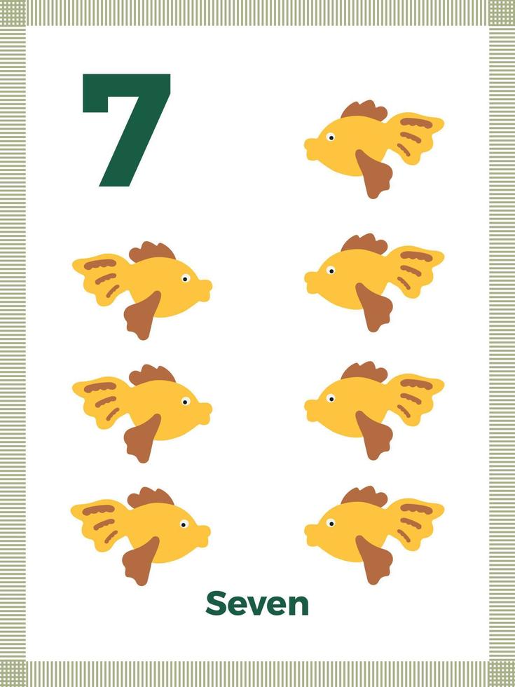 Number flashcard seven for preschool learning. English math for kids. Vector illustration