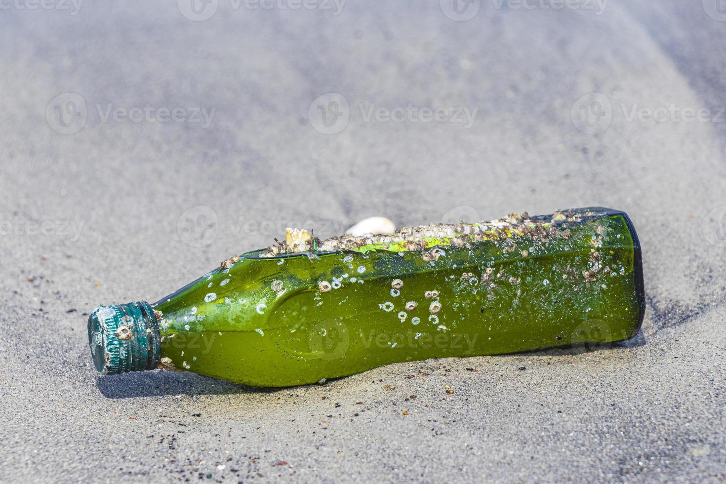 Botella de plástico varada lavada contaminación de basura en la playa de Brasil. foto