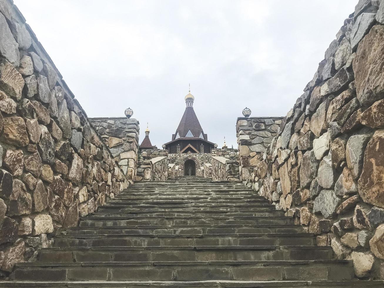 Kamensk city, Russia, 2021 - Stone staircase leading to the temple in Park Loga photo