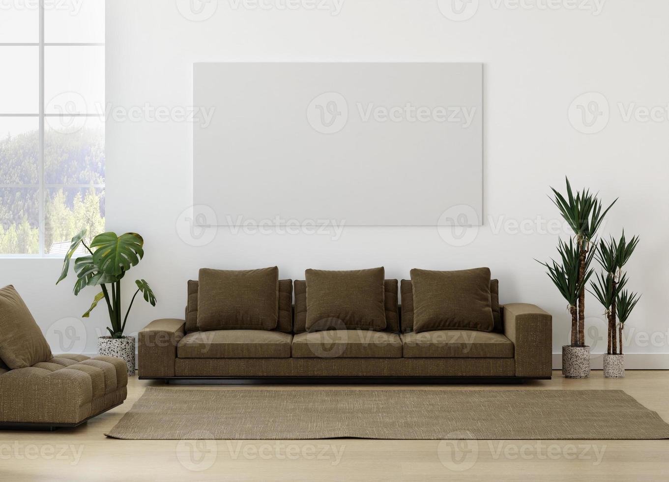 Maqueta de foto de marco de lienzo en una habitación limpia y minimalista con sofá y planta. Representación 3d
