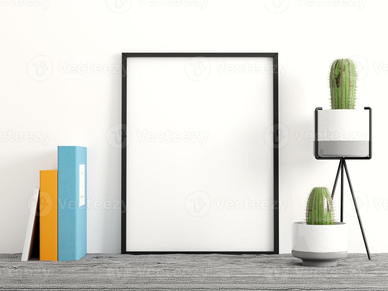 Maqueta de foto de marco de renderizado 3D con libro y cactus en una habitación blanca