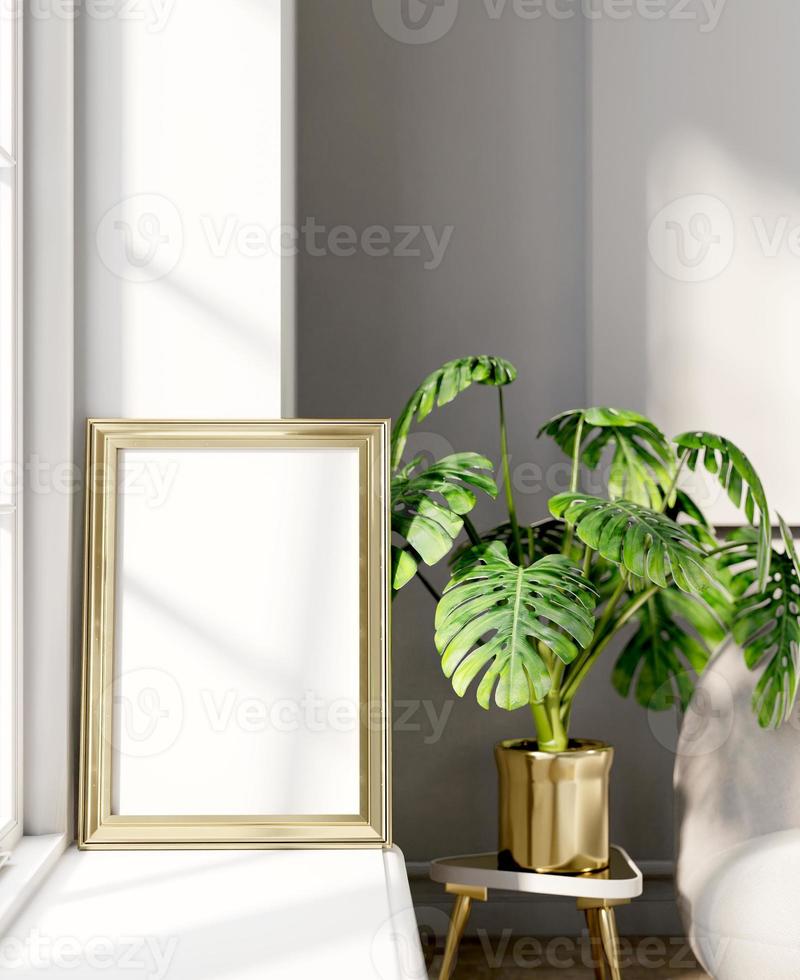 Representación 3d foto de marco dorado y maceta dorada con planta monstera al lado de la ventana