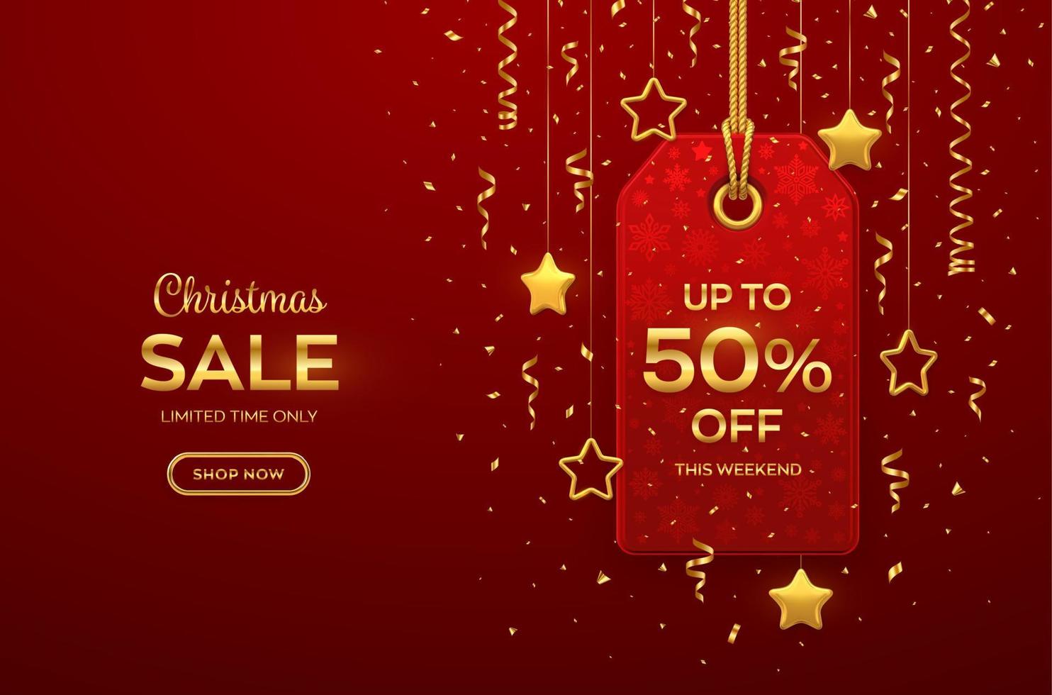 precio de venta de navidad y año nuevo. etiqueta roja realista colgando de una cuerda dorada. etiqueta de descuento con estrellas doradas y confeti. diseño de banner de navidad, publicidad, precio de marketing. ilustración vectorial. vector