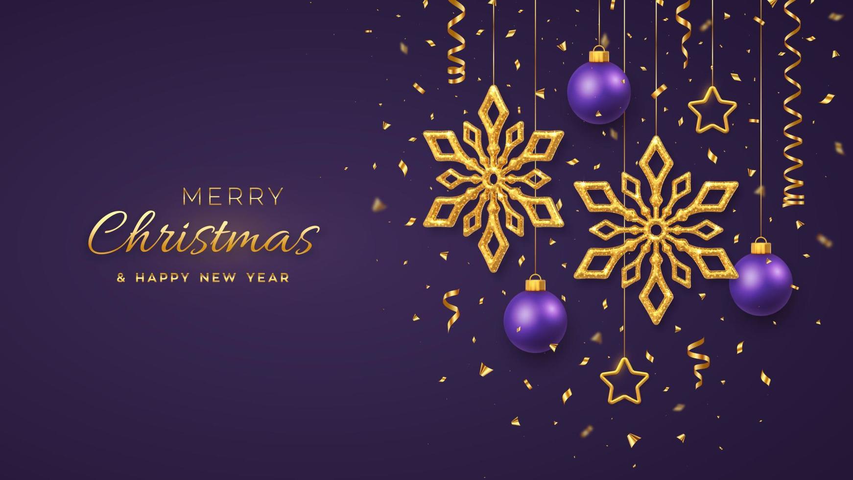 Fondo púrpura navideño con copos de nieve dorados brillantes colgantes, estrellas y bolas metálicas 3d. feliz navidad tarjeta de felicitación. cartel de vacaciones de navidad y año nuevo, banner web. ilustración vectorial. vector