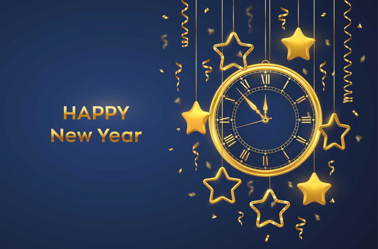 Happy New Year 2022. Golden shiny watch with Roman numeral and countdown midnight, eve for New Year. Background with shining gold stars. Merry Christmas. Xmas holiday. Vector illustration.