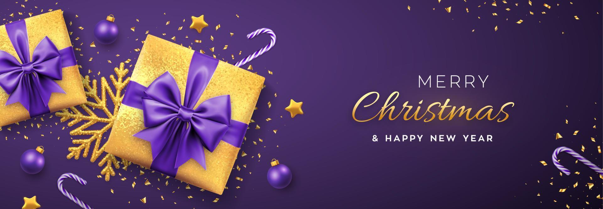 banner de navidad. Cajas de regalo doradas realistas con lazo morado, estrellas doradas, copo de nieve dorado brillante, bolas y bastones de caramelo. Navidad fondo verde, cartel horizontal, tarjeta de felicitación, sitio web de cabecera. vector. vector