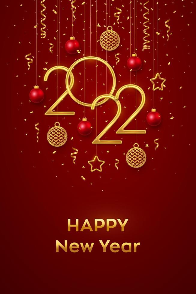 Happy New 2022 Year. Hanging Golden metallic numbers 2022 with shining 3D metallic stars, balls and confetti on red background. New Year greeting card, banner template. Realistic Vector illustration.