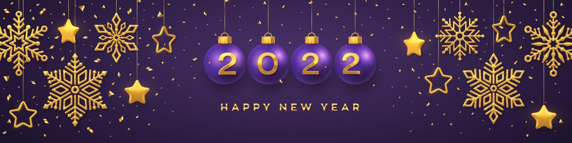 Happy New Year 2022. Hanging Purple Christmas bauble balls with realistic golden 3d numbers 2022. Golden snowflakes and 3D metallic stars on red background. Holiday banner, header. Vector Illustration