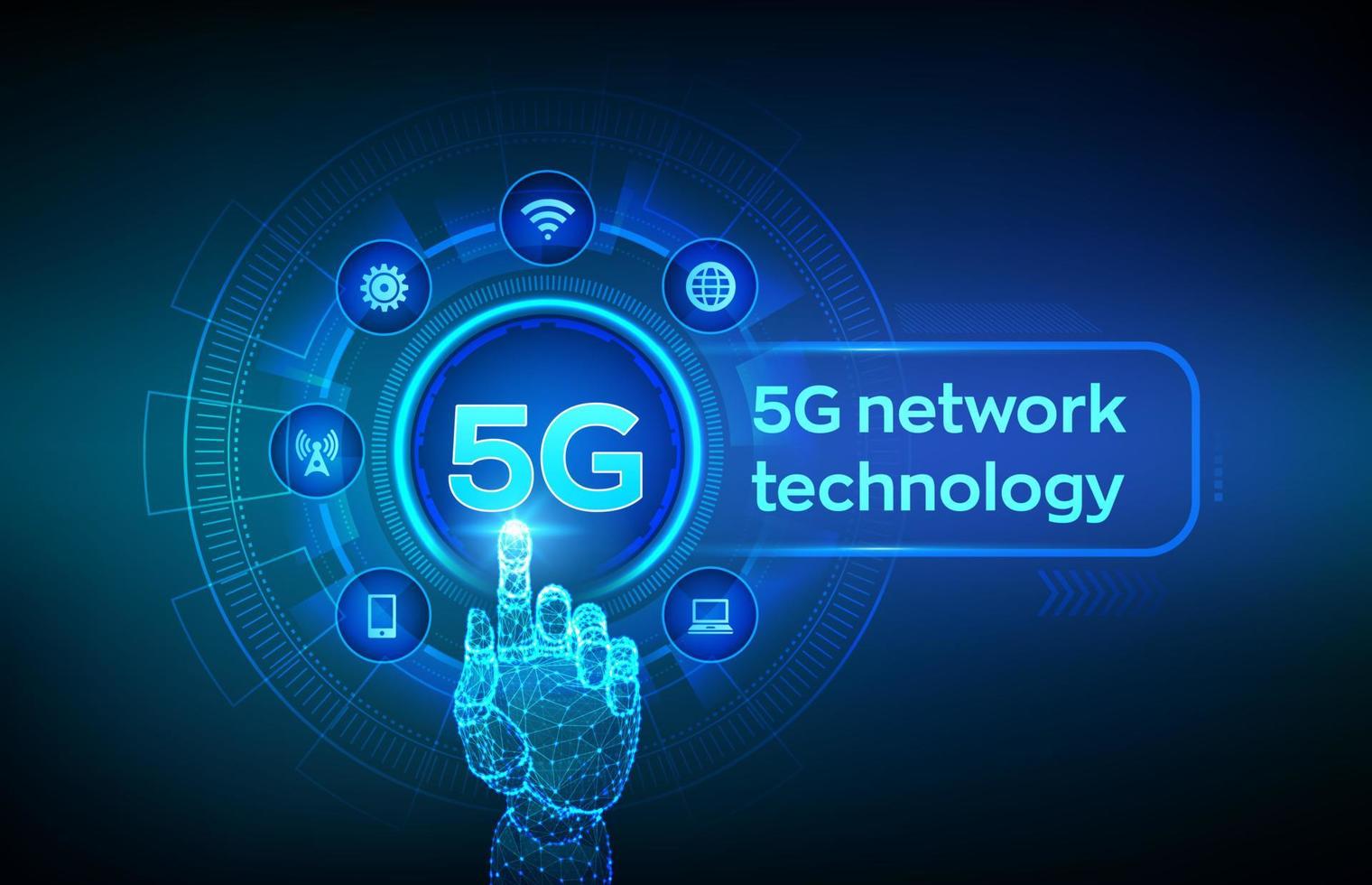 Sistemas inalámbricos de red 5g e internet de las cosas, ciudad inteligente y red de comunicación. Conexión wifi inalámbrica a internet móvil 5g. mano robótica tocando la interfaz digital. ilustración vectorial. vector