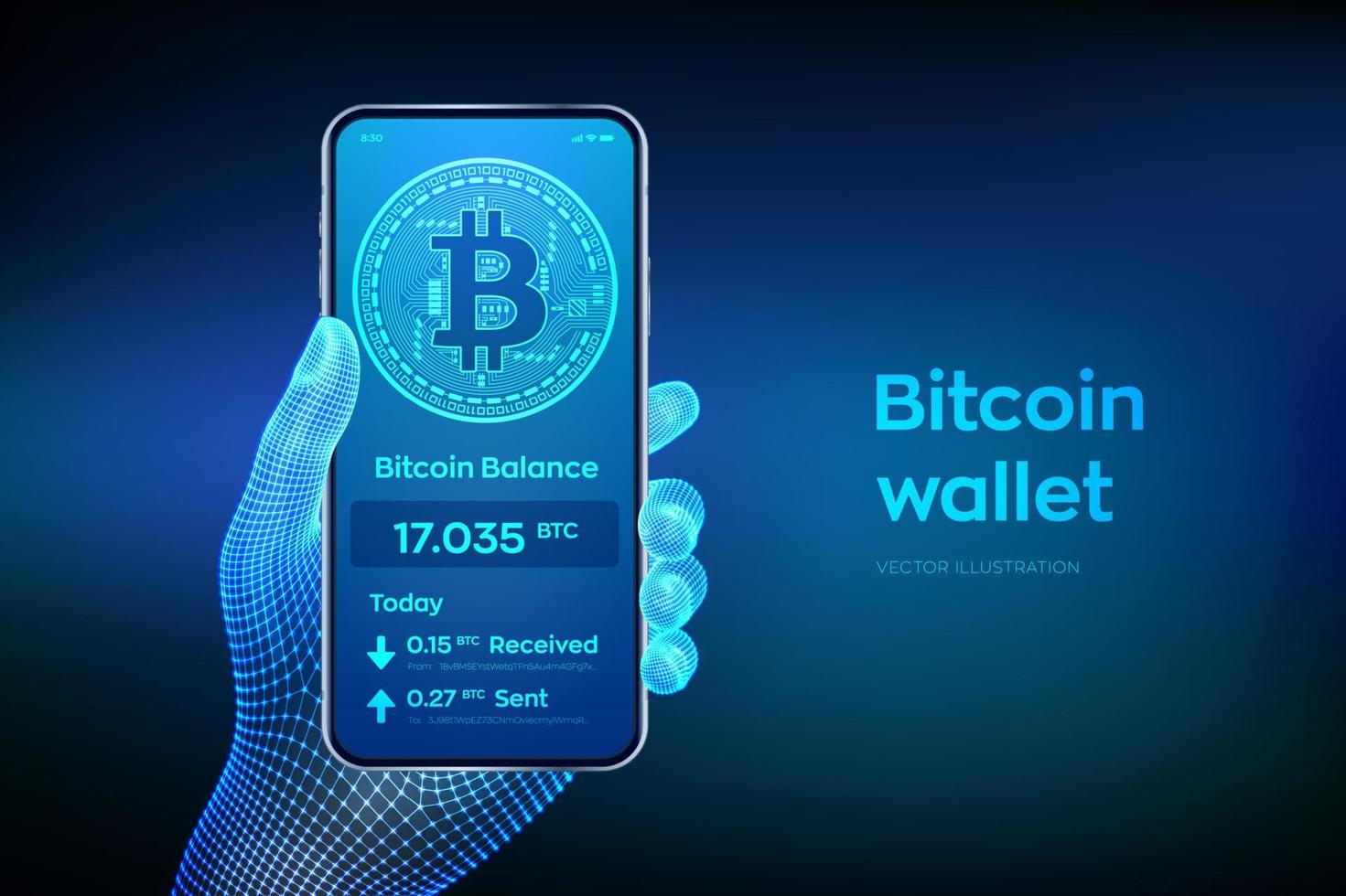 Bitcoin wallet interface on smartphone screen. Cryptocurrency payments and blockchain technology based digital money concept. Closeup mobile phone in wireframe hand. Vector illustration.