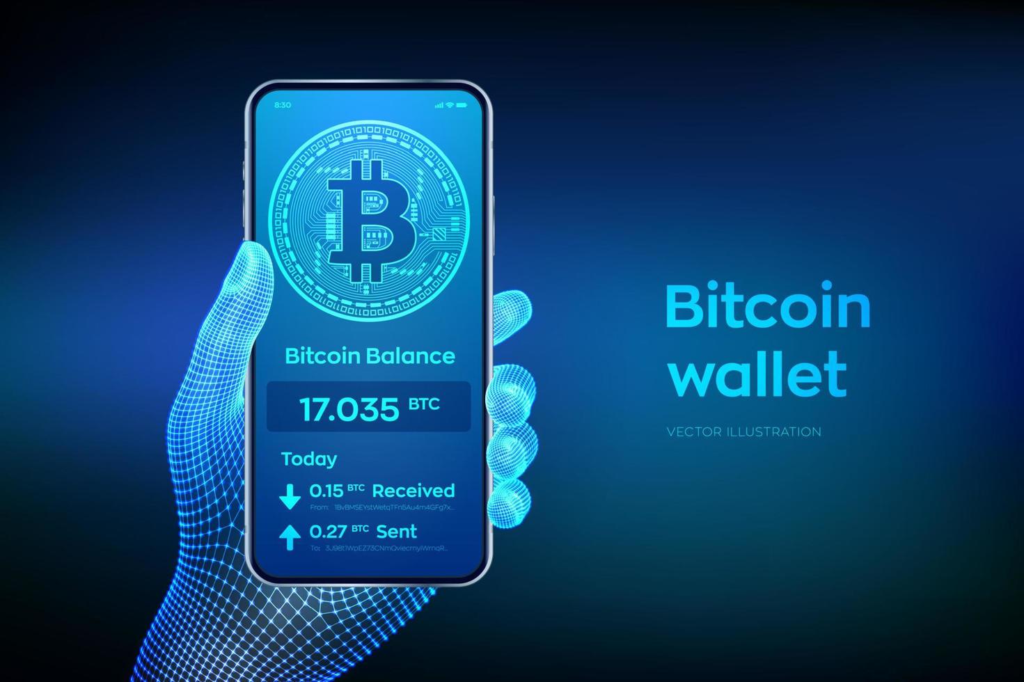 Interfaz de billetera bitcoin en la pantalla del teléfono inteligente. Pagos en criptomonedas y concepto de Interfaz de billetera bitcoin en la pantalla del teléfono inteligente. Pagos en criptomonedas y concepto de