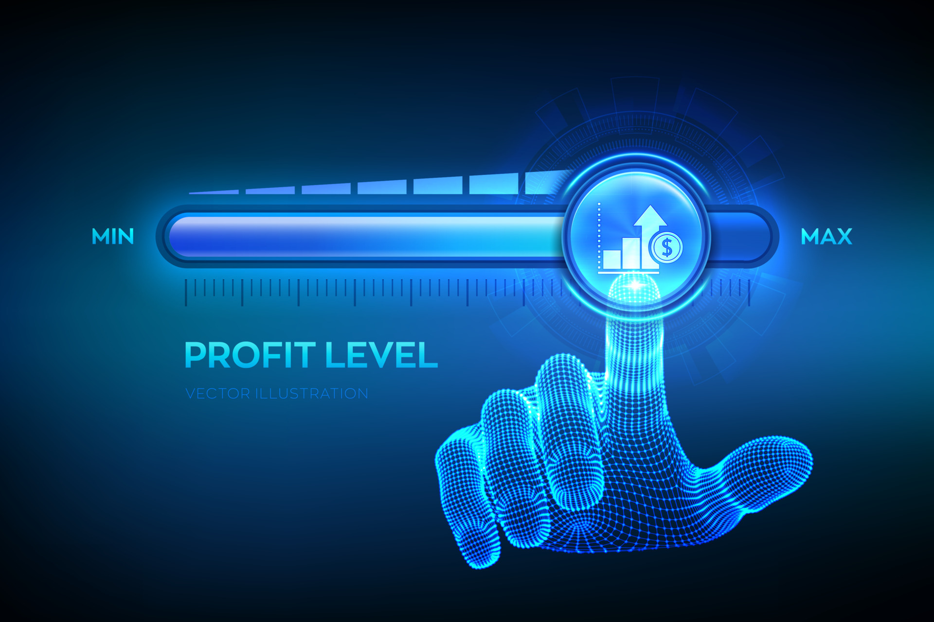 Increasing Profit Level. Wireframe hand is pulling up to the maximum  position progress bar with the profit icon. Finance concept of profitability  or return on investment. Vector illustration. 4885862 Vector Art at