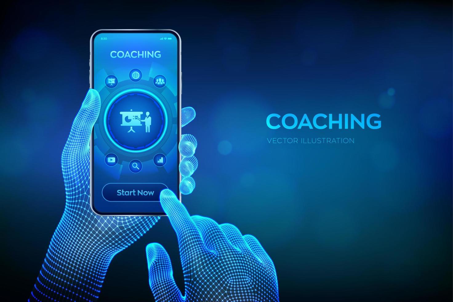 Coaching and mentoring concept on virtual screen. Personal development. Education and e-learning. Webinar, online training courses. Closeup smartphone in wireframe hands. Vector illustration.