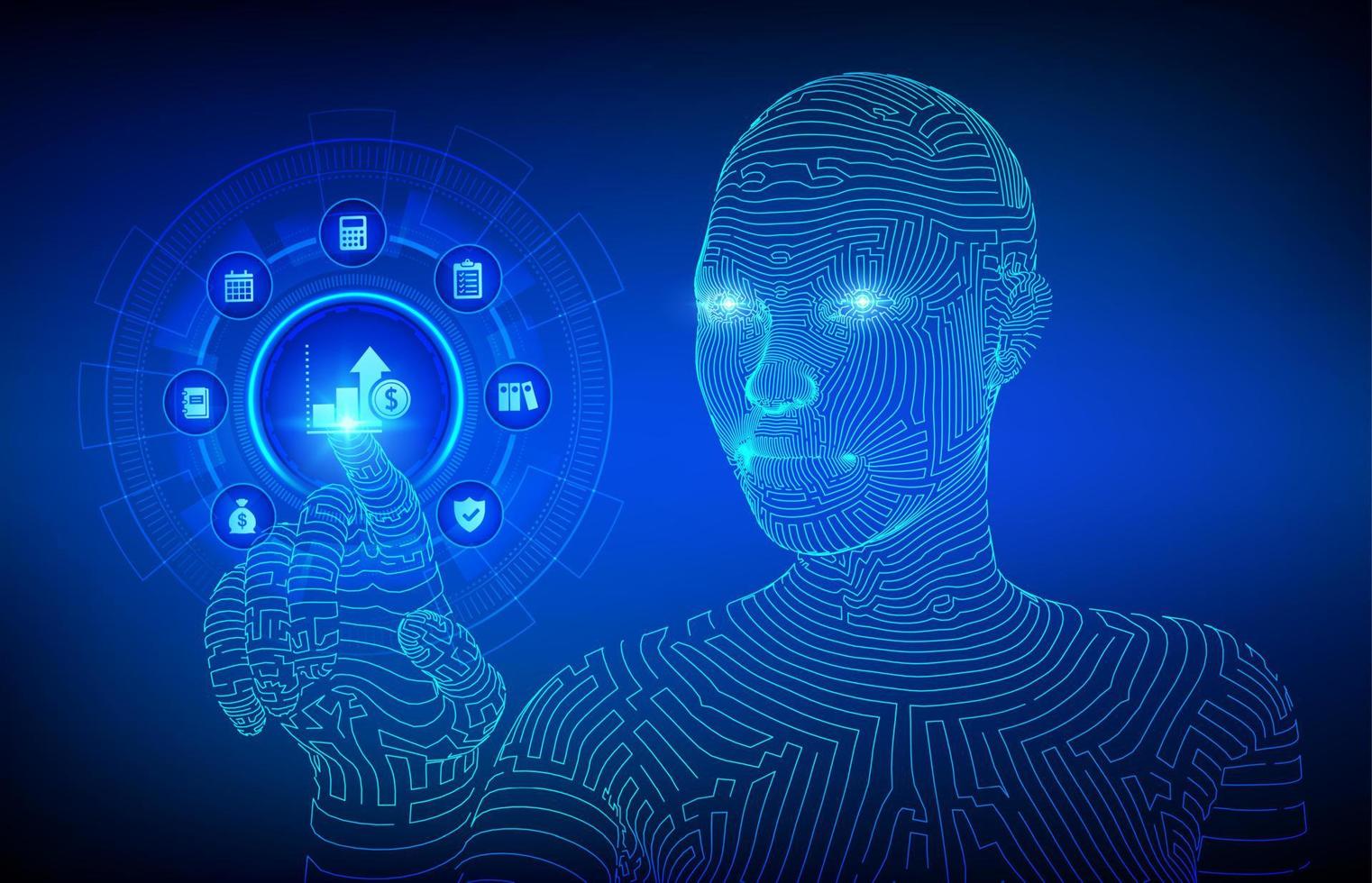 Accounting. Accountancy service. Banking Calculation. Financial analysis, investments and business consulting concept. Online banking. Robotic hand touching digital interface. Vector illustration.