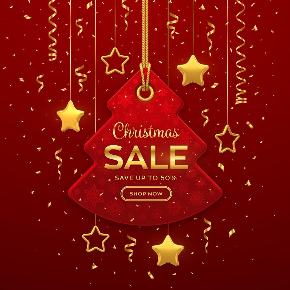 Christmas and New Year sale price tag. Realistic red tag hanging on gold rope. Discount label with golden stars and confetti. Xmas banner design, advertising, marketing price tag. Vector illustration.