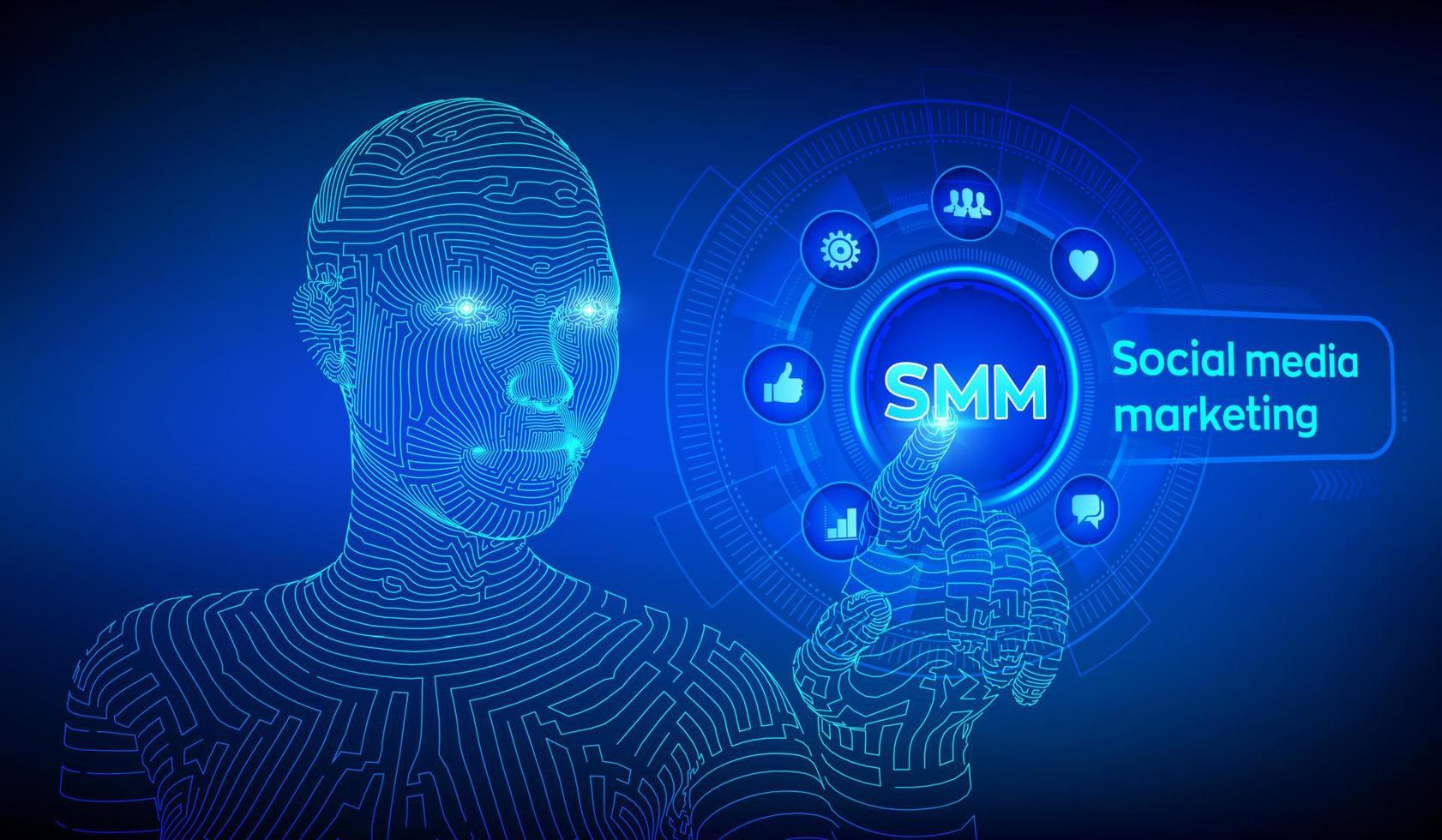 SMM. Social media marketing. Likes, comments, followers and message icons on virtual screen. Wireframed cyborg hand touching digital interface. AI. Vector illustration. Vector illustration.