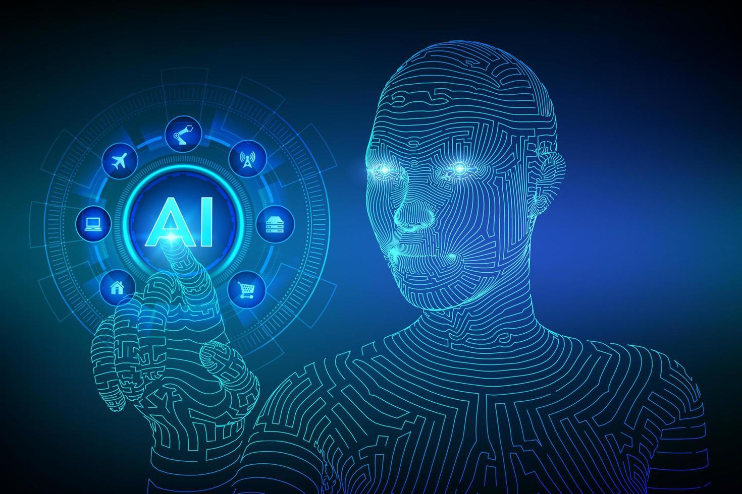 AI. Artificial intelligence. Machine learning. Wireframed female cyborg hand touching digital graph interface. Big data analysis and automation technology. Touch the future. Vector illustration.