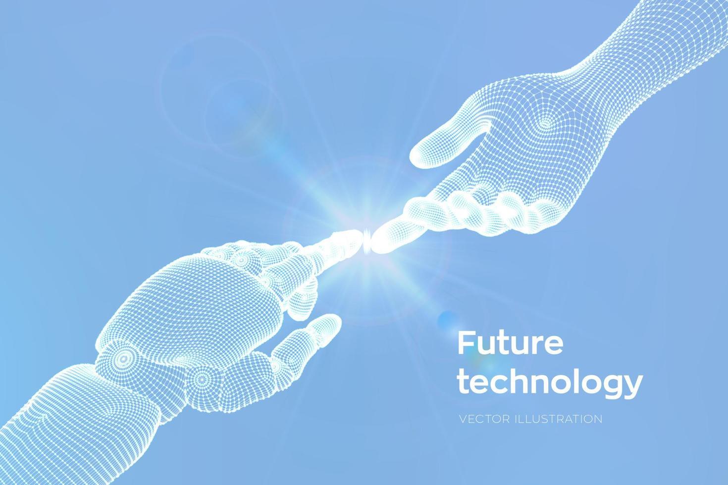 Hands of Robot and Human Touching. Cyborg finger about to touch human finger. Symbol of connection between people and artificial intelligence. Science, future technology. Vector Illustration.