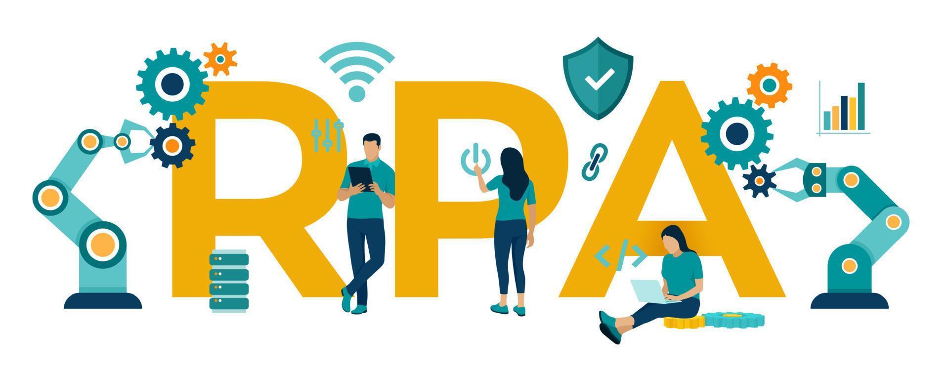 RPA Robotic process automation innovation technology concept. Intelligent system automation. AI. Artificial intelligence. Colourful flat style vector illustration with characters and icons.