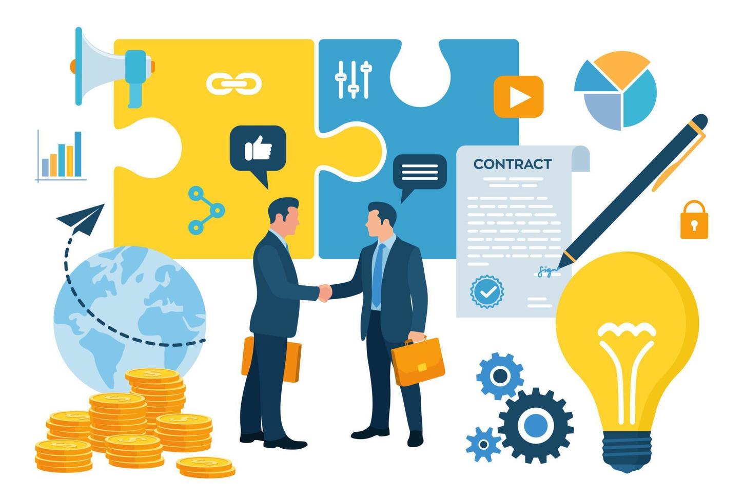 Partnership Concept. Financing of creative projects. Handshake of two business men. Agreement of parties. Signing documents. The investor holds money in ideas. Business team. Vector illustration.