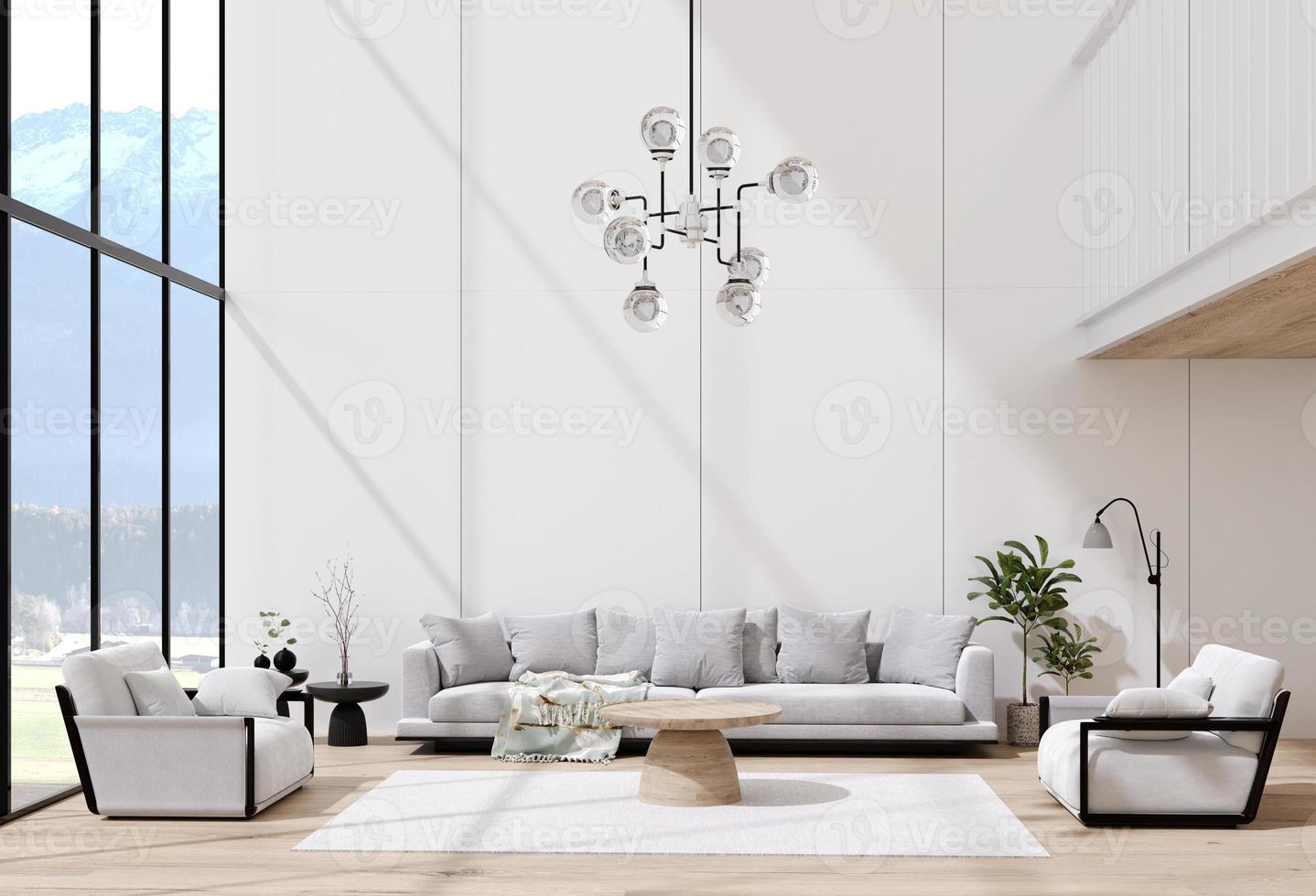 Lujoso departamento blanco moderno con sofa gris y planta. Render 3d foto