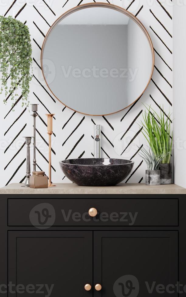 rounded mirror in washbasin with white wall 3d rendering photo
